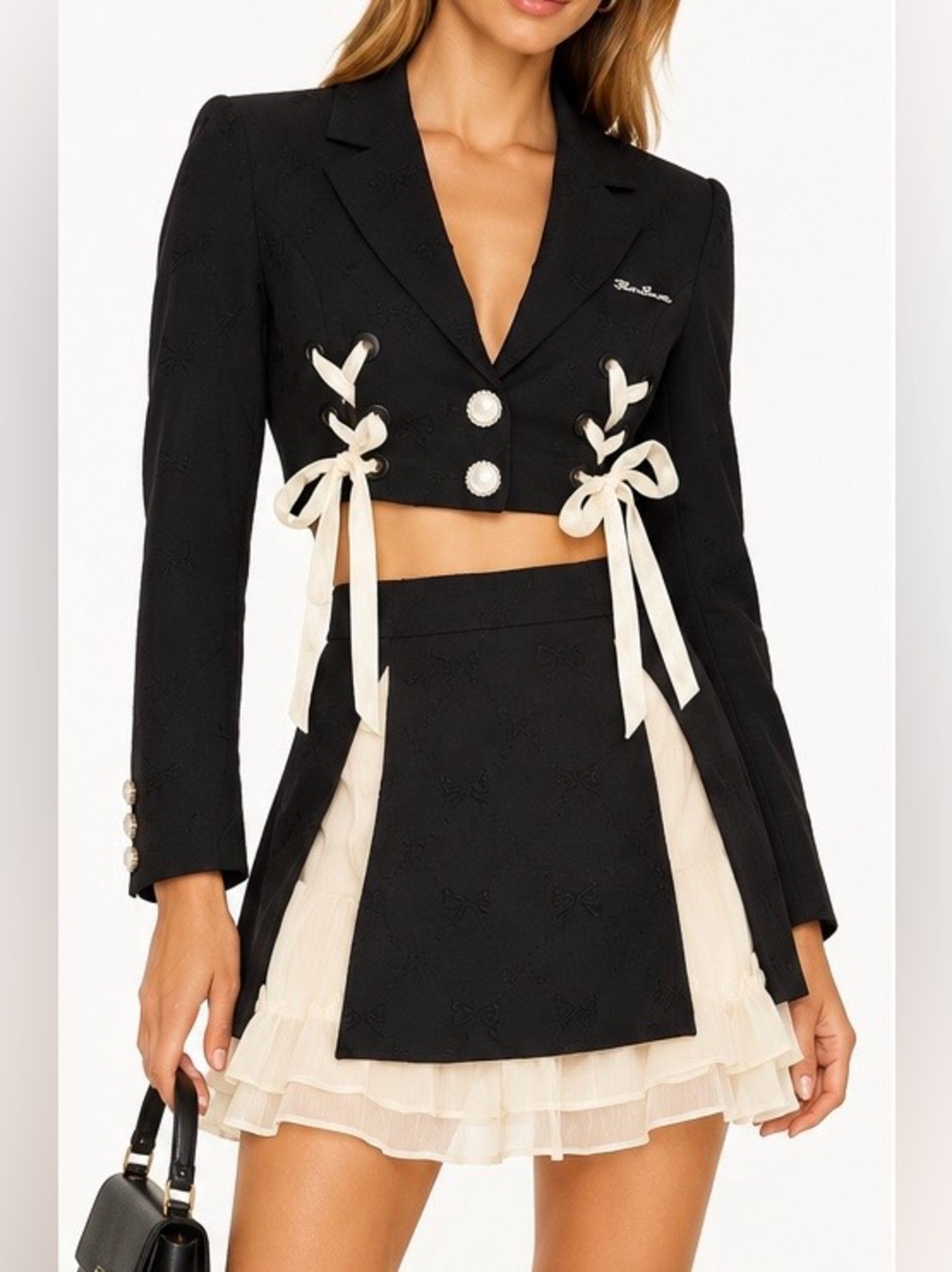 Tb In Love Black Cropped Blazer & Mini Skirt Set Coquette Lace Up Size M